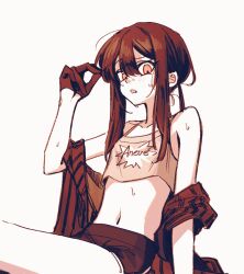 Rule 34 | 1boy, bare shoulders, crop top, facing viewer, fate/grand order, fate (series), gloves, hair between eyes, half gloves, long hair, low ponytail, midriff, navel, oda nobukatsu (fate), open mouth, red eyes, sempon (doppio note), shorts, sidelocks, solo, stomach, sweat, trap, very sweaty