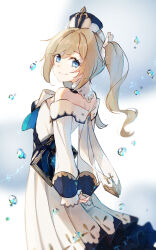 Rule 34 | 1girl, arched back, arms behind back, barbara (genshin impact), bare shoulders, blonde hair, blue eyes, book, bow, breasts, closed mouth, collar, cross, detached collar, dress, eyelashes, from side, genshin impact, gold trim, hat, highres, long dress, long hair, long sleeves, looking at viewer, looking to the side, malmaron, off-shoulder dress, off shoulder, own hands together, pleated dress, sidelocks, sideways glance, sleeves past wrists, small breasts, smile, solo, standing, swept bangs, twintails, water drop, wavy hair, white bow, white collar, white dress