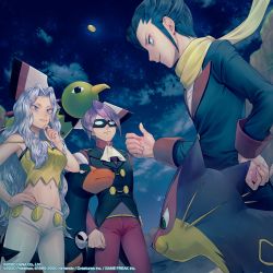 Rule 34 | 1girl, 2boys, black vest, closed mouth, cloud, coin, commentary, creatures (company), dated, english commentary, eye contact, eye mask, eyelashes, game freak, gen 2 pokemon, gen 5 pokemon, grimsley (pokemon), hand on own chin, hand on own hip, highres, houndoom, karen (pokemon), liepard, long hair, long sleeves, looking at another, multiple boys, navel, night, nintendo, official art, outdoors, pants, pokemon, pokemon (creature), pokemon bw, pokemon hgss, pokemon masters ex, purple hair, purple pants, sakai (motomei), silver hair, sky, smile, thumbs up, turtleneck, vest, watermark, white pants, will (pokemon), xatu
