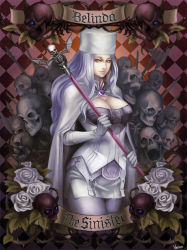 Rule 34 | 1girl, bad id, bad pixiv id, belinda, breasts, cape, character name, checkered background, cleavage, cleavage cutout, clothing cutout, corset, eyebrows, eyelashes, flower, hat, highres, large breasts, long hair, miniskirt, pantyhose, purple hair, rose, skirt, skull, solo, staff, unlight, veine, yellow eyes