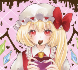 Rule 34 | 1girl, argyle, argyle background, argyle clothes, ascot, blonde hair, blush, bow, chocolate, crystal, eating, flandre scarlet, frilled shirt collar, frills, gift, hat, hat bow, holding, holding gift, light smile, long hair, mob cap, pink background, portrait, red bow, red eyes, red vest, shirt, solo, touhou, traditional media, valentine, vest, white hat, white shirt, wings, yellow ascot, yuuki hana (jtnp5334)