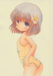 Rule 34 | 1girl, absurdres, adjusting clothes, adjusting swimsuit, arched back, armpits, ass, blue eyes, blush, casual one-piece swimsuit, child, female focus, flat chest, floral print, flower, from behind, hair flower, hair ornament, hair ribbon, hieda no akyuu, highres, looking back, nishina masato, one-piece swimsuit, print swimsuit, purple hair, ribbon, short hair, simple background, solo, standing, swimsuit, touhou, traditional media, yellow one-piece swimsuit