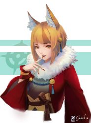Rule 34 | 1girl, absurdres, accessories, animal ears, belt, blonde hair, corset, finger to mouth, fire emblem, fire emblem fates, fox ears, fur collar, fur trim, hair ornament, highres, huge filesize, light smile, lips, long sleeves, looking at viewer, multicolored hair, nintendo, open mouth, selkie (fire emblem), short hair, simple background, smile, solo, teeth, upper body, yellow eyes, zc chordie