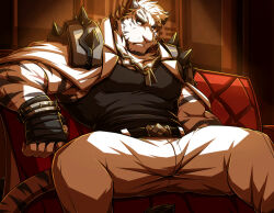 Rule 34 | 1boy, absurdres, animal ears, arknights, bandaged hand, bandages, bara, belt, black belt, black tank top, blue eyes, bulge, chain, chain necklace, couch, covered erect nipples, drks, facial hair, feet out of frame, furry, furry male, goatee, highres, jacket, jacket on shoulders, jewelry, large pectorals, looking to the side, male focus, mature male, mountain (arknights), muscular, muscular male, necklace, on couch, pants, pectorals, scar, scar across eye, scar on arm, shirt, short hair, shoulder spikes, sitting, solo, spikes, tail, tank top, thick eyebrows, thick thighs, thighs, tiger boy, tiger ears, tiger stripes, tiger tail, tight clothes, tight shirt, white fur, white hair, white jacket, white pants