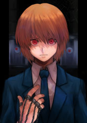 Rule 34 | 1boy, black background, blue necktie, blue suit, chain, closed mouth, disembodied eye, eyeball, fingernails, formal, hair between eyes, hunter x hunter, jewelry, kurapika, looking at viewer, male focus, natrium picture, necktie, orange hair, pinky ring, red eyes, ring, shaded face, silk, solo, spider web, suit, tagme, thumb ring, upper body