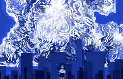 Rule 34 | 1girl, abstract, absurdres, antennae, black hair, black skirt, blue eyes, blue theme, cityscape, collared shirt, cowboy shot, glowing, half-closed eyes, highres, jewelry, long hair, looking at viewer, necklace, no nose, original, shirt, sizucomaru, skirt, solo