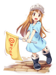 Rule 34 | 10s, 1girl, :d, asutora, blue shirt, boots, brown eyes, brown hair, commentary request, flag, flat cap, full body, hat, hataraku saibou, highres, holding, long hair, looking at viewer, open mouth, platelet (hataraku saibou), shirt, simple background, smile, solo, sweat, very long hair, white background, white hat