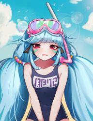 Rule 34 | 1girl, absurdres, algea, aqua hair, artist name, bird, blue sky, breasts, bubble, cloud, competition swimsuit, covered navel, facial mark, goggles, goggles on head, guardian tales, highres, lens flare, little android aa72, long hair, looking at viewer, one-piece swimsuit, open mouth, red eyes, seagull, sky, small breasts, snorkel, swimsuit, very long hair