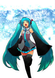 Rule 34 | 1girl, aqua hair, bad id, bad pixiv id, cloud, detached sleeves, closed eyes, female focus, hatsune miku, himukai yuusuke, long hair, necktie, open mouth, skirt, sky, sleeves past wrists, solo, thighhighs, twintails, very long hair, vocaloid, white background