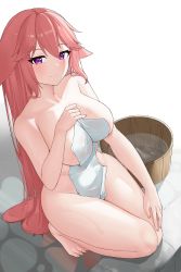 Rule 34 | 1girl, animal ears, barefoot, bathing, blush, breasts, bucket, covering privates, floppy ears, fox ears, genshin impact, highres, large breasts, long hair, naked towel, nude, nude cover, parted lips, pink hair, smile, solo, thighs, toes, towel, very long hair, water, wet, white background, white towel, wooden bucket, yae miko, zerotwenty (020)