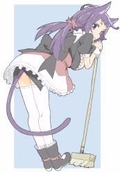 Rule 34 | 1girl, absurdres, animal ears, apron, bad id, bad twitter id, bent over, black dress, black footwear, blue background, blue eyes, boots, breasts, broom, cat ears, cat tail, donguri suzume, dress, full body, grin, heterochromia, highres, holding, holding broom, large breasts, leaning on object, long hair, looking at viewer, maid, maid apron, original, puffy short sleeves, puffy sleeves, purple hair, red eyes, short sleeves, simple background, smile, solo, standing, tail, thighhighs, tri tails, white thighhighs