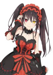 Rule 34 | 1girl, absurdres, asymmetrical hair, black hair, bow, breasts, cleavage, clock eyes, date a live, dress, gothic lolita, hairband, heterochromia, highres, lolita fashion, lolita hairband, long hair, medium breasts, red eyes, simple background, solo, symbol-shaped pupils, tokisaki kurumi, twintails, white background, yellow eyes