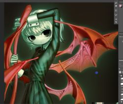 Rule 34 | blank eyes, blank stare, collared dress, demon wings, dress, green dress, grintasia, holding, holding weapon, non-web source, original, unfinished, weapon, white hair, wings