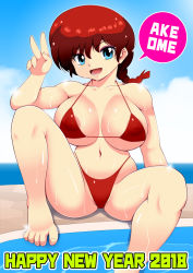 Rule 34 | 1girl, 2018, areola slip, bikini, braid, breasts, covered erect nipples, curvy, dated, female focus, genderswap, genderswap (mtf), happy new year, highres, large breasts, looking at viewer, moyashi, new year, open mouth, ranma-chan, ranma 1/2, red hair, saotome ranma, shiny skin, single braid, sitting, sky, smile, swimsuit, thong, v, water, wet