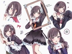 Rule 34 | 1girl, apron, black bow, black dress, bow, braid, breasts, brown eyes, brown hair, do while02, dress, feathers, flower, frilled apron, frilled dress, frills, hair bow, hair flower, hair ornament, highres, jewelry, jirai kei, letter, long hair, long sleeves, looking at viewer, love letter, low twintails, maid, maid apron, maid headdress, medium breasts, medium hair, multiple views, necklace, project sekai, puffy short sleeves, puffy sleeves, shinonome ena, short sleeves, single braid, twintails, waist apron, white apron, white feathers