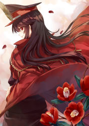 Rule 34 | 1girl, black hair, camellia, chain, cloak, closed mouth, fate (series), flower, from side, hat, highres, koha-ace, long hair, looking at viewer, looking back, military, military hat, military uniform, oda nobunaga (fate), oda nobunaga (koha-ace), petals, profile, red eyes, saijou haruki, sidelocks, smile, solo, uniform, upper body, wind, wind lift