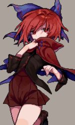 Rule 34 | 1girl, black shirt, blue bow, bow, breasts, cape, cloak, covered mouth, hair bow, large bow, long sleeves, looking at viewer, miniskirt, pixel art, red cloak, red eyes, red hair, red skirt, ribbon-trimmed bow, risui (suzu rks), sekibanki, shirt, short hair, simple background, skirt, small breasts, solo, thighs, touhou