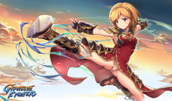 Rule 34 | &gt;:), 10s, 1girl, armor, armored dress, armpits, black gloves, blonde hair, blush, boots, braid, breasts, brown eyes, china dress, chinese clothes, cloud, commentary request, crown braid, djeeta (granblue fantasy), dress, fingerless gloves, flying kick, gauntlets, gloves, gou (ga673899), granblue fantasy, greaves, haoni, kicking, looking away, medium breasts, outstretched arms, outstretched leg, panties, pantyshot, pauldrons, shin guards, shoes, short hair, shoulder armor, side slit, sideboob, sky, smile, solo, sparkle, spread arms, spread legs, underwear, v-shaped eyebrows, white panties