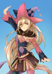 Rule 34 | 1girl, arm up, asymmetrical legwear, asymmetrical sleeves, black thighhighs, blonde hair, blue background, book, detached sleeves, feather boa, green eyes, hat, highres, long hair, looking at viewer, magilou (tales), mismatched legwear, mismatched sleeves, pink thighhighs, pointy ears, smile, solo, soysae, tales of (series), tales of berseria, thigh strap, thighhighs, witch hat