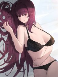 1girl, absurdres, bangs, black bra, black panties, bra, breasts, cleavage, closed mouth, eyebrows visible through hair, fate/grand order, fate (series), hair intakes, highres, hood (james x), lace, lace-trimmed bra, lace trim, large breasts, lingerie, long hair, looking at viewer, lying, navel, on side, panties, purple hair, red eyes, scathach (fate), scathach (fate) (all), shadow, sketch, smile, solo, underwear, underwear only, very long hair