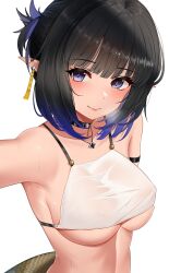 Rule 34 | 1girl, absurdres, arknights, arm strap, armpits, bare shoulders, bikini, black choker, black hair, breasts, choker, closed mouth, covered erect nipples, ear piercing, eunectes (arknights), gradient hair, highres, jewelry, looking at viewer, medium breasts, medium hair, multicolored hair, mutianliaonaicha, necklace, outstretched arm, piercing, pointy ears, purple eyes, see-through, selfie, short ponytail, simple background, skindentation, smile, solo, string bikini, swimsuit, tail, underboob, upper body, wet, wet bikini, white background, white bikini