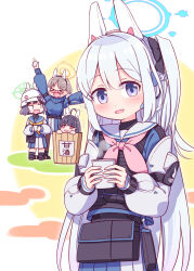 Rule 34 | &gt; &lt;, 4girls, :d, > <, ahoge, black bow, black hair, black thighhighs, blue archive, blue shirt, blue skirt, blue sweater, blush, bow, braid, breasts, brown hair, chibi, chinese zodiac, commentary request, cup, disposable cup, drunk, flying sweatdrops, grey hair, hair between eyes, hair bow, halo, harada (sansei rain), headgear, highres, holding, holding cup, knee pads, kneeling, large breasts, long hair, long sleeves, looking at viewer, miyako (blue archive), miyu (blue archive), moe (blue archive), multiple girls, neckerchief, nose blush, one side up, open mouth, peeking out, pink neckerchief, pleated skirt, puffy long sleeves, puffy sleeves, purple eyes, red eyes, sailor collar, saki (blue archive), shirt, short hair, skirt, sleeves past wrists, smile, steam, sweat, sweater, thighhighs, translation request, turtleneck, turtleneck sweater, very long hair, wavy mouth, white sailor collar, white skirt, xd, year of the rabbit