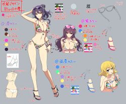 3girls :3 :o ahoge armpit_crease armpits ass bare_shoulders beads bikini black_bikini black_footwear blonde_hair blue_bikini blue_eyes blue_footwear blue_gemstone blush body_blush bracelet breast_suppress breasts butt_crack character_sheet choker cleavage collarbone color_guide concept_art contrapposto dimples_of_venus eyewear_on_head floral_print_bikini floral_print_scrunchie folded_ponytail from_behind fruit_print gem gluteal_fold green_eyes grey_background groin hair_between_eyes hand_on_own_head heterochromia high_heel_sandals high_heels highres holding holding_removed_eyewear horizontal-striped_bikini jewelry large_breasts linea_alba long_hair looking_at_viewer median_furrow micro_bikini mole mole_on_breast multiple_girls multiple_views murasaki_(senran_kagura) nail_polish navel necklace notes o-ring o-ring_bikini o-ring_bottom o-ring_top official_alternate_costume official_art open_mouth parted_lips pineapple_print pink_bikini pink_footwear pink_gemstone pink_nails production_art purple_eyes purple_gemstone purple_hair red_eyes rin_(senran_kagura) ryouna_(senran_kagura) scrunchie seductive_smile senran_kagura senran_kagura_burst senran_kagura_new_link senran_kagura_shinovi_versus shiny_skin short_hair shoulder_blades side-tie_bikini_bottom sideboob sidelocks simple_background smile standing sunglasses swimsuit teacher teacher_and_student translation_request turnaround two-tone_bikini underboob unworn_eyewear wavy_hair white_choker wrist_scrunchie yaegashi_nan