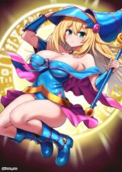 Rule 34 | 1girl, bare shoulders, blonde hair, blue footwear, blue hat, blush, boots, breasts, cleavage, collarbone, dark magician girl, duel monster, green eyes, hair between eyes, hat, highres, holding, holding wand, kinnan, large breasts, looking at viewer, magic circle, revision, solo, wand, wizard hat, yu-gi-oh!