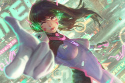 Rule 34 | 1girl, ;), blurry, bodysuit, breasts, brown eyes, brown hair, closed mouth, d.va (overwatch), depth of field, dutch angle, facepaint, facial mark, floating hair, gloves, glowing, gun, guweiz, headgear, holding, holding gun, holding weapon, lips, long hair, looking at viewer, one eye closed, outstretched arms, overwatch, overwatch 1, science fiction, skin tight, smile, solo, upper body, weapon, whisker markings, white gloves, wind