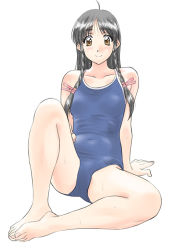 Rule 34 | 1990s (style), 1girl, ahoge, arm support, barefoot, black hair, blue one-piece swimsuit, braid, brown eyes, feet, full body, hair ribbon, knees apart feet together, long hair, one-piece swimsuit, polorinken, retro artstyle, ribbon, sentimental graffiti, simple background, sitting, smile, solo, sugihara manami, swimsuit, twin braids, white background