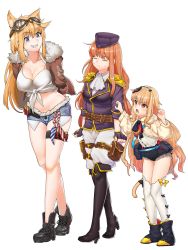 Rule 34 | 3girls, animal ears, bandana, black legwear, black shorts, blonde hair, blue eyes, blush, boots, bow, bowtie, breasts, brown jacket, cat tail, cleavage, denim, denim shorts, epaulettes, exposed pocket, fang, frustrated, full body, fur-trimmed jacket, fur trim, girls&#039; frontline, goggles, goggles on head, gold trim, hair ornament, hat, highres, jacket, large breasts, long hair, long sleeves, m500 (girls&#039; frontline), medium breasts, military, military uniform, multiple girls, orange hair, pants, pouch, ribbon, sd bigpie, shirt, short shorts, shorts, shotgun shell, sig-510 (girls&#039; frontline), simple background, small breasts, sweater, t65 (girls&#039; frontline), tail, thighhighs, tied shirt, uniform, white background, white jacket, white legwear, white pants, white shirt