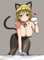 Rule 34 | 1girl, all fours, animal ears, bare shoulders, bell, black pantyhose, blonde hair, blue eyes, blush, breasts, cat ears, cat tail, cleavage, detached collar, gloves, heart, jingle bell, large breasts, original, pantyhose, paw pose, short hair, smile, solo, tail, white gloves, zaxwu