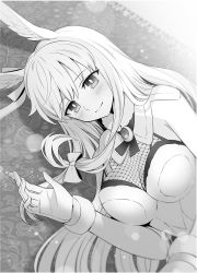 Rule 34 | 1girl, blush, breasts, capelet, cleavage, commentary request, fate/grand order, fate (series), fishnets, gloves, greyscale, hair between eyes, hair ribbon, head wings, large breasts, light smile, long hair, looking at viewer, lying, monochrome, on side, ribbon, ring the bell, solo, thrud (fate), thrud (ring the bell) (fate), tress ribbon, upper body, valkyrie (fate), wings, yamoge