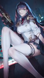 Rule 34 | 1girl, arm support, black hair, blue eyes, bow, braid, chain, cityscape, earrings, gun, hair bow, head tilt, highres, jewelry, kaoming, lin (tower of fantasy), lips, long hair, looking at viewer, miniskirt, mole, mole under eye, necktie, pale skin, pleated skirt, red bow, rifle, sitting, skirt, solo, thigh strap, thighhighs, tower of fantasy, trigger discipline, weapon, white thighhighs