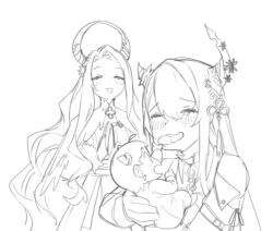 2girls asymmetrical_horns aunt baby cheek_pull dasdokter demon_horns hands_on_another&#039;s_cheeks hands_on_another&#039;s_face holding_baby hololive hololive_english horns long_hair malpha_ravencroft mole mole_under_eye monochrome multiple_girls nerissa_ravencroft siblings simple_background sisters sketch virtual_youtuber white_background