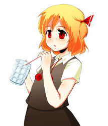 Rule 34 | 1girl, blonde hair, drinking straw, embodiment of scarlet devil, female focus, glass, kuze, red eyes, ribbon, rumia, solo, touhou