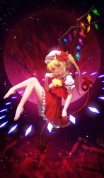 Rule 34 | 1girl, absurdres, bare legs, barefoot, blonde hair, bow, crystal, gem (symbol), dress, fang, licking finger, flandre scarlet, frilled shirt collar, frills, full body, full moon, hand up, hat, hat ribbon, highres, huge filesize, laevatein, licking, looking at viewer, looking to the side, medium hair, mob cap, moon, one side up, puffy short sleeves, puffy sleeves, red eyes, red moon, red skirt, red vest, ribbon, shirt, short hair with long locks, short sleeves, side ponytail, sitting, skirt, sumomo (sunrainday), tongue, tongue out, touhou, vest, white shirt, wings, yellow neckwear