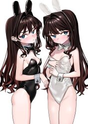 Rule 34 | 1girl, alternate costume, animal ears, black bow, black bowtie, black leotard, blue eyes, bow, bowtie, breasts, brown hair, cropped legs, detached collar, elisia valfelto, highres, leotard, light frown, long hair, looking at viewer, luicent, original, playboy bunny, rabbit ears, sidelocks, small breasts, wavy hair, white background, white bow, white bowtie, white leotard, wrist cuffs