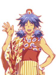 Rule 34 | 1boy, blue hair, bracelet, closed eyes, facial mark, hat, jewelry, kanikame, low twintails, lute (saga frontier), male focus, open mouth, saga, saga frontier, solo, teeth, twintails, upper body, white background
