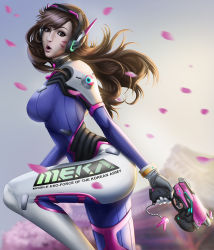 Rule 34 | 1girl, alternate breast size, backlighting, bodysuit, breasts, brown eyes, brown hair, charm (object), cherry blossoms, clothes writing, cowboy shot, d.va (overwatch), facepaint, facial mark, finger on trigger, gloves, grey sky, gun, handgun, headphones, high collar, highres, holding, holding gun, holding weapon, large breasts, leg up, lips, long hair, long sleeves, looking at viewer, looking to the side, matching hair/eyes, mountain, nose, open mouth, outdoors, overwatch, overwatch 1, petals, pilot suit, pistol, resolution mismatch, rondeu, shoulder pads, skin tight, sky, solo, source larger, swept bangs, tree, weapon, whisker markings, white gloves, wind