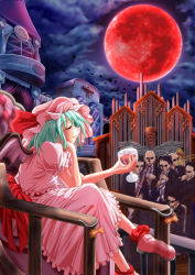 Rule 34 | 1girl, amamizu (myofuu kai), chair, cup, cupping glass, drinking glass, female focus, full moon, crossed legs, moon, red moon, remilia scarlet, sitting, solo focus, touhou, wine glass