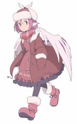 Rule 34 | 1girl, animal ears, bird ears, bird wings, black pantyhose, blush, boots, brown coat, brown dress, brown footwear, brown hat, closed mouth, coat, dress, frilled dress, frills, full body, hands in pockets, hat, long sleeves, mystia lorelei, open clothes, open coat, pantyhose, pink hair, rangycrow, red eyes, short hair, simple background, solo, touhou, white background, white wings, winged hat, wings