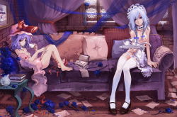 Rule 34 | 3girls, ankle lace-up, apron, barefoot, bat wings, blue eyes, blue flower, blue rose, book, bookmark, bottomless, braid, breasts, choker, couch, cross-laced footwear, cup, curtains, cushion, female focus, flower, garter belt, hat, izayoi sakuya, kirisame marisa, light purple hair, maid, maid apron, messy room, multiple girls, naked apron, nipples, no bra, photo (object), rained, red eyes, remilia scarlet, rose, shoes, short hair, silver hair, single shoe, teacup, teapot, thighhighs, touhou, tray, twin braids, white thighhighs, wings