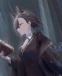 Rule 34 | 1girl, animal ears, arknights, ascot, book, breasts, brown coat, brown jacket, closed mouth, coat, collared shirt, commentary, dutch angle, earrings, grey hair, hair between eyes, highres, holding, holding book, jacket, jewelry, long hair, long sleeves, medium breasts, mole, mole above eye, off shoulder, open clothes, open coat, parted bangs, penance (arknights), rain, ring, shirt, solo, stud earrings, takapoyon, upper body, white ascot, wolf ears, wolf girl, yellow eyes