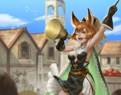 Rule 34 | 1girl, animal ears, armpits, bare shoulders, bell, blue sky, breasts, brown eyes, brown hair, capelet, church, church bell, cleavage, cleavage cutout, cloak, clothing cutout, cloud, day, erune, fang, gloves, granblue fantasy, high ponytail, karteira, la coiffe (granblue fantasy), medium breasts, one eye closed, scotishfold, sky, solo focus, steeple