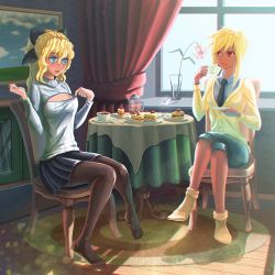 Rule 34 | 10s, 2girls, black legwear, blonde hair, blue eyes, blush, breasts, cafeteria, cake, cake slice, cardigan, carpet, chair, chromatic aberration, cleavage cutout, cleavage reach, clothing cutout, coffee, coffee pot, cup, curtains, feet, flower, food, fruit, full-face blush, hair ribbon, highres, indoors, katawa shoujo, crossed legs, long hair, medium breasts, meme attire, multiple girls, necktie, no shoes, open-chest sweater, painting (object), pantyhose, plate, raiine rand, red eyes, ribbon, satou akira, satou lilly, saucer, short hair, shorts, siblings, sisters, sitting, skirt, small breasts, smile, socks, spoon, strawberry, strawberry shortcake, sweater, table, tablecloth, tan, teacup, thighhighs, window, wooden floor