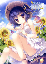 Rule 34 | 1girl, absurdres, ahoge, bare shoulders, blush, bracelet, bus stop, cameltoe, cloud, day, dengeki moeou, dress, flower, food, hair ribbon, hat, highres, holding, jewelry, open mouth, original, panties, panty peek, petals, popsicle, purple eyes, purple hair, ribbon, road sign, scan, short twintails, sign, sitting, sky, solo, straw hat, suitcase, sundress, sunflower, sunlight, tongue, twintails, underwear, white dress, white panties, wind, yukie (peach candy)