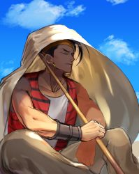 Rule 34 | 1boy, bare shoulders, black hair, blue sky, brown pants, cane, closed eyes, closed mouth, cloud, cloudy sky, dark-skinned male, dark skin, desert, earrings, egypt, holding, holding cane, jewelry, jojo no kimyou na bouken, n&#039;doul, outdoors, pants, red vest, shirt, sitting, sky, smile, solo, stardust crusaders, vest, white shirt, zouhyou (at4190)