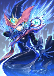 Rule 34 | 1girl, ass, aura, black dress, black footwear, black gloves, blue eyes, blue hair, boots, breasts, commentary request, dress, duel monster, gloves, glowing, glowing hair, hair over one eye, hat, high heel boots, high heels, holding, holding wand, izapara, large breasts, long hair, official alternate color, silent magician, skin tight, solo, wand, witch, witch hat, yu-gi-oh!, yu-gi-oh! duel monsters