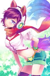 Rule 34 | 1girl, ahri (league of legends), alternate costume, alternate hair length, alternate hairstyle, animal ears, arcade ahri, bent over, bracelet, breasts, cleavage, earphones, female focus, fox ears, fox tail, headphones, jewelry, league of legends, leaning forward, looking at viewer, midriff, mole, mole under eye, multiple tails, nail polish, navel, purple eyes, purple hair, scarf, shimatta, shirt, short hair, shorts, solo, standing, tail, thighhighs, white background